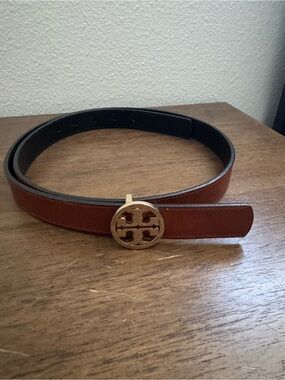 Tory Burch Chestnut Leather Belt with Gold Buckle